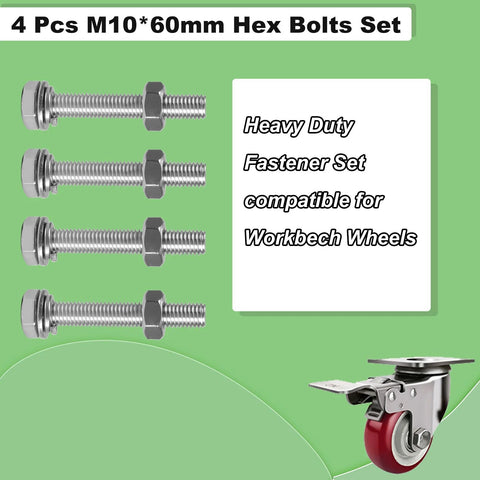 4 Pcs 60mm M10 Hex Bolts Set with nuts and washers, stainless steel fasteners for workbench wheels, caster wheel shown