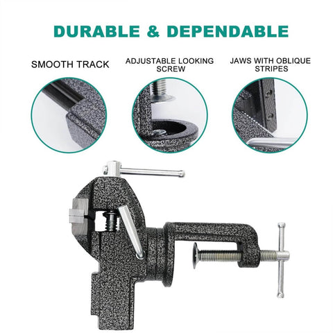 360 degree swivel table vise from All-In-One Golf Grip Removal And Regrip Kit with pro-grade grip vise clamp and oblique striped jaws.