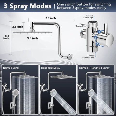 Diagram showing 3 spray modes of High Pressure Rain Shower Head 10 Inch With Handheld Combo and 12 inch adjustable arm.