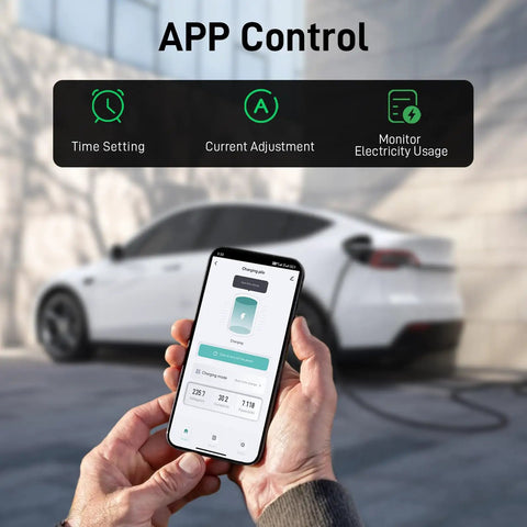 Person holding smartphone showing Tesla Level 2 EV Charger 9.6 kW app control, car charging in background, NEMA 14-50 plug visible.