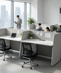 Scalable Eight Person Modular Cubicle Workstation With Plug And Play Power Outlets And Rolling Storage Drawers Featuring Actual Quiet Acoustic Panels For Zero Stress Workday Flow In Bright White, featuring multiple workstations with privacy panels.
