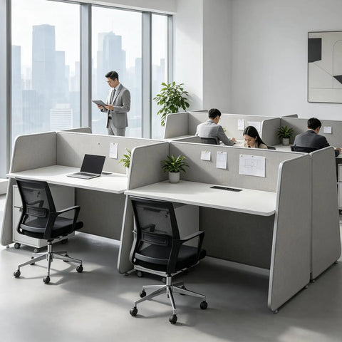 Scalable Eight Person Modular Cubicle Workstation With Plug And Play Power Outlets And Rolling Storage Drawers Featuring Actual Quiet Acoustic Panels For Zero Stress Workday Flow In Bright White, featuring multiple workstations with privacy panels.