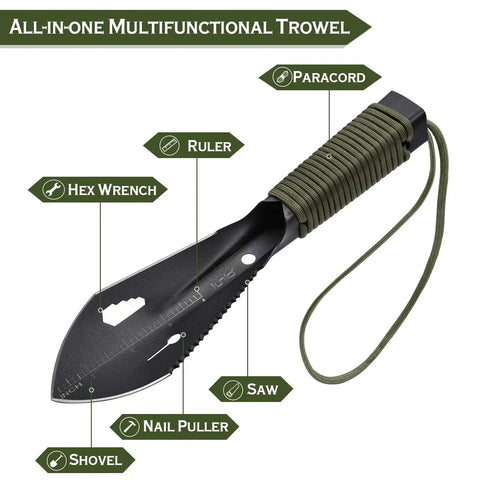 Ultralight Camping Trowel Shovel Multitool With Saw And Ruler, Portable Survival Spade Featuring Hex Wrench, Ruler, Paracord.