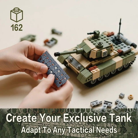 Building a model tank using 162 piece tank track and wheel set kit with treads chain links and track wheels for kids.