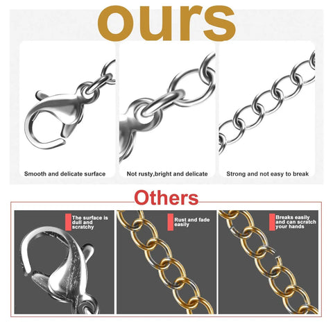 Comparison of stainless steel necklace extenders with lobster clasps in gold and silver finishes highlighting quality differences.