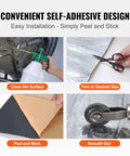 200 Mil Thick Soundproofing Mat Roll for Cars Trucks and Vans shows installation steps: cleaning, trimming, peeling, and smoothing.