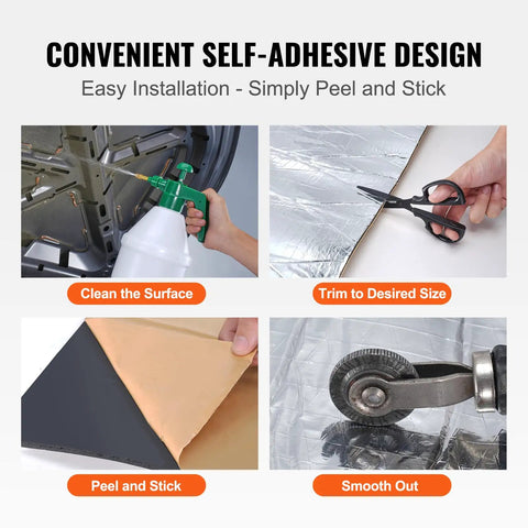 200 Mil Thick Soundproofing Mat Roll for Cars Trucks and Vans shows installation steps: cleaning, trimming, peeling, and smoothing.