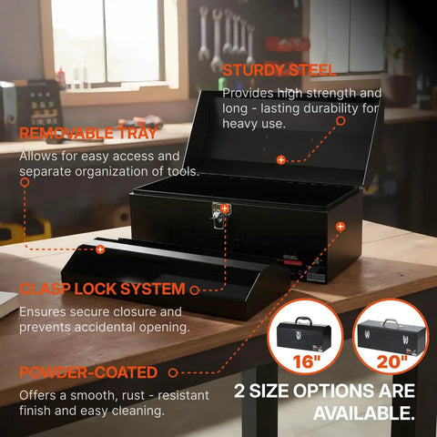 Sturdy 20 Inch Steel Tool Box With Rust Resistant Carbon Steel Build, Portable And Padlockable, shown open on workbench.
