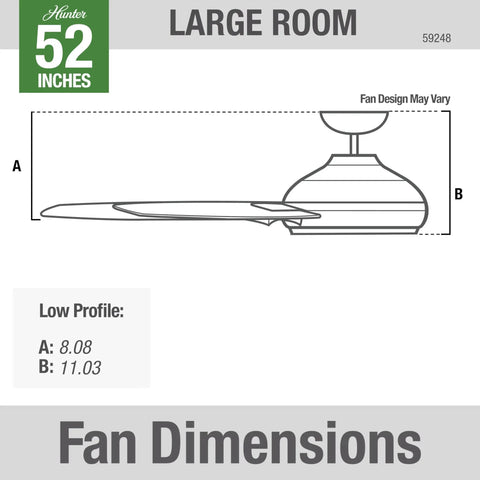 Diagram of 52 Inch Indoor Ceiling Fan With Remote Control No Light, Low Profile Flush Mount 4 Blades in Fresh White for dimensions