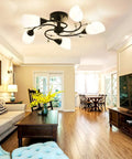 Dope Semi Flush Mount Ceiling Light Fixture With Five Tulip Glass Globes, Modern Black Pendant Ceiling Light in living room