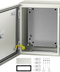Heavy Duty 12 X 10 X 6 Inch Steel Electrical Enclosure Nema 4x Ip66 with open door and mounting accessories.