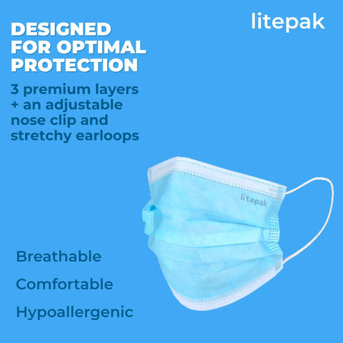 Blue face mask with ear loops labeled 'litepak', 3 layers for comfort. Bulk Disposable Face Masks 1000 Pack For Home And Office Breathable.