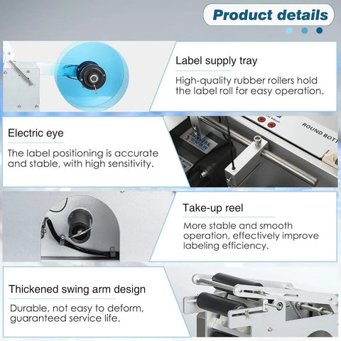 Desktop Round Bottle Labeling Machine Semi Automatic For Plastic Glass Metal Bottles Adjustable Diverse Diameters Wrinkle Free 30 Pcs Per Min Compact Easy Setup Efficient Workflow features label supply tray, electric eye, and take-up reel.