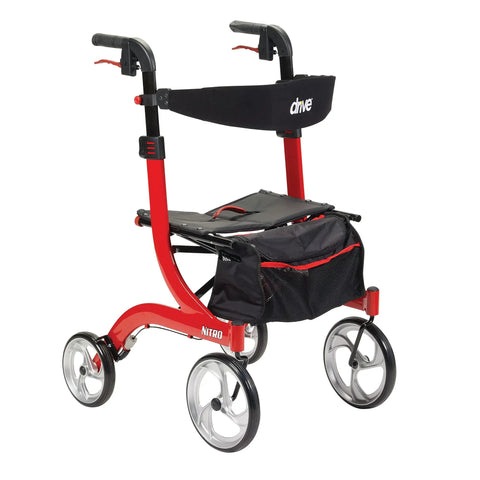 Sweet Ride Four Wheel Rollator With Seat Featuring Massive Ten Inch Wheels Foldable Lightweight Frame And Padded Comfortable Bench Ergonomic Grips Built Different Durability Sleek Red Finish For Senior Mobility And Daily Routines with black seat and storage bag