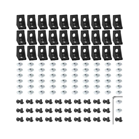 Aluminum Profile Connector Kit for 6mm Slot Profiles, 20 Corner Brackets, 40 T Nuts and Hex Socket Screws Bolts on display