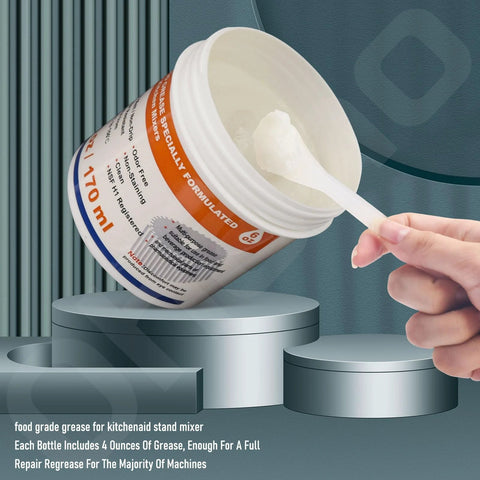 Front view of 6 oz food-grade grease tub for KitchenAid mixer, white container with orange label.