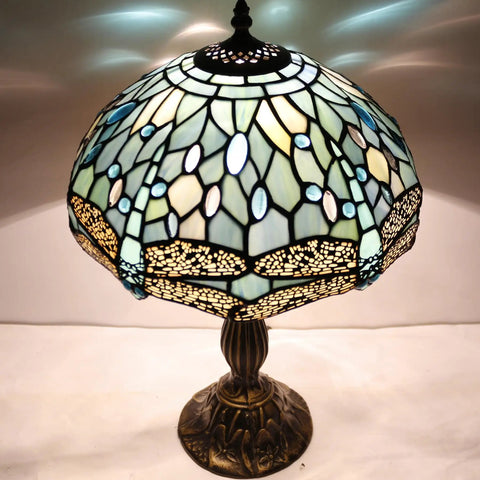 Lit Tiffany Style Sea Blue Stained Glass Table Lamp With Dragonfly Motif 12 Inch Wide Shade 18 Inch Tall Desk Reading Light