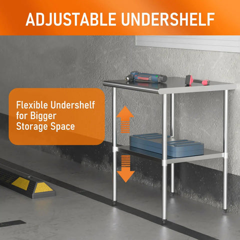 Stainless Steel Work Table 24x30 with Adjustable Undershelf and Backsplash Commercial Grade 430 Stainless Steel Scratch Resistant