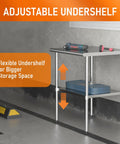 Stainless Steel Prep Table 24 By 30 Inches With Two Adjustable Undershelves For Kitchen Garage And Outdoor BBQ in garage setting.