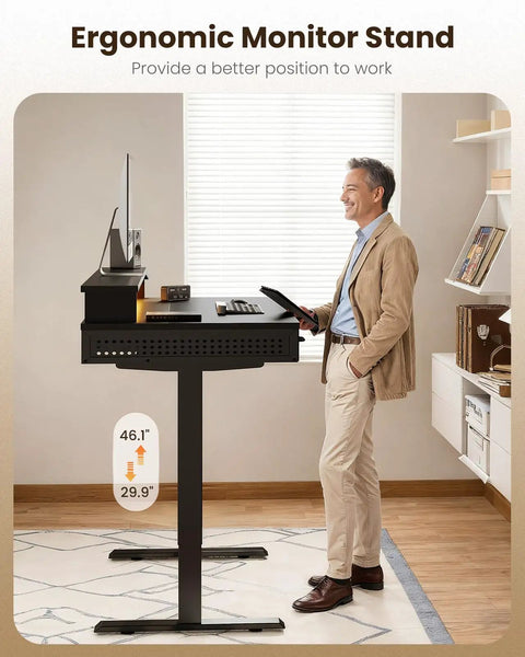 Man using Electric Standing Desk With Three Wooden Drawers, 48 Inch Wide Height Adjustable Sit Stand Desk With Built In Power Outlets And LED Lights, Black Monitor Stand For Your Home Office, Study And Creative Workstations.