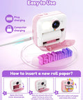 Kids Camera With Instant Print For Girls Ages 3 12 2.4 Inch HD Screen 1080P Video Music MP3 Player Games Multi Language Printable Photos Pink Gift For Christmas Birthday, pink instant-print camera with charging cable