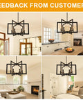Killer 22 Inch Black Chandelier With Six Geometric Farmhouse Lights in dining room and living spaces.