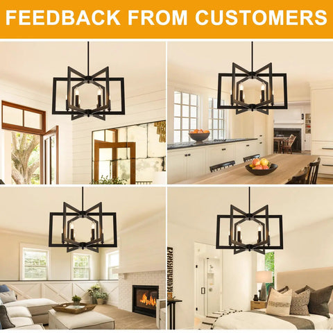 Killer 22 Inch Black Chandelier With Six Geometric Farmhouse Lights in dining room and living spaces.