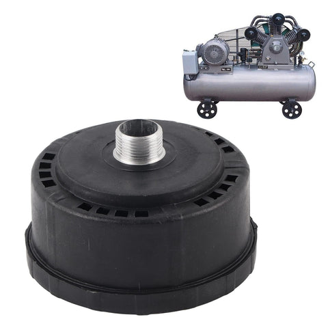 Two Pack Air Compressor Intake Filter Sound Muffler Quieting Kit 3/4 Inch (25mm) shown next to compatible air compressor model.
