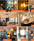 Effortless Dimmable E12 LED Bulb 6W 60W Equiv 2700K Warm Glow 600 Lumens Clear CA10 CA11 Candelabra Bulbs For Chandelier And Ceiling Fan Lighting 12 Pack featured in various home lighting settings including chandeliers and ceiling fans.