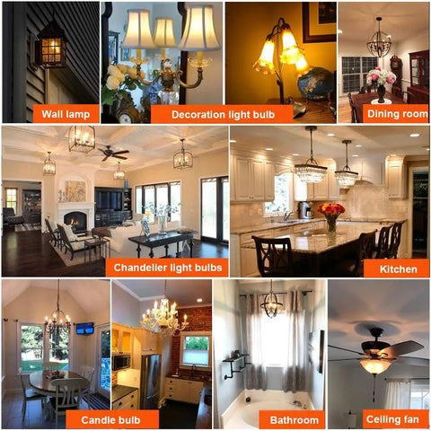 Effortless Dimmable E12 LED Bulb 6W 60W Equiv 2700K Warm Glow 600 Lumens Clear CA10 CA11 Candelabra Bulbs For Chandelier And Ceiling Fan Lighting 12 Pack featured in various home lighting settings including chandeliers and ceiling fans.
