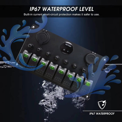 8 Gang Rocker Switch Panel With 15A Reset Circuit Breaker, visual of IP67 waterproof capability with splashing water design