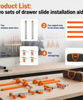 Pro Grade Drawer Slide Installation Jig With Knockout Toggle Clamp And Magnetic Aligner For Dead On Precision and A Smooth Sailing Setup On All Wood Cabinet Builds layout with two stainless steel rulers, four support arms, four quick clips, and a storage bag.