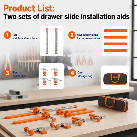Pro Grade Drawer Slide Installation Jig With Knockout Toggle Clamp And Magnetic Aligner For Dead On Precision and A Smooth Sailing Setup On All Wood Cabinet Builds layout with two stainless steel rulers, four support arms, four quick clips, and a storage bag.