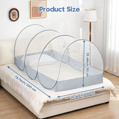 Instant Pop Up Mosquito Tent For Bed And Bunk Bed Sleeping Pad Fully Enclosed Foldable Bug Net shown on bed dimensions.