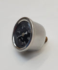 Front view of 60 psi oil pressure gauge with black dial, white numbers, silver housing, brass adapter thread