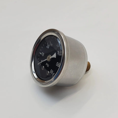 Front view of 60 psi oil pressure gauge with black dial, white numbers, silver housing, brass adapter thread