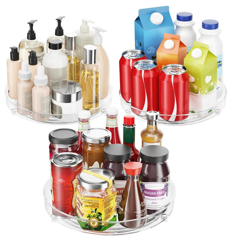 Four Pack Slick 9.5 Inch Lazy Susan Turntable Organizer with assorted liquids, snacks, and toiletries for storage.