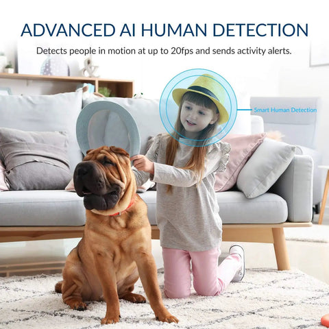 Child playing with a dog inside, demonstrating 2 Pack Pan Tilt Dome Security Camera Kit 360 Degree Coverage Indoor With Night Vision 2 Way Audio Motion Alerts Phone App Control Compatible With Alexa And Google Assistant