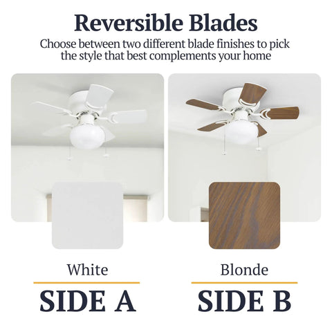 28 Inch Traditional Flush Mount Indoor LED Ceiling Fan With Light showing reversible blades in white and white oak