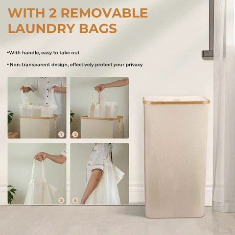 Big 100L Laundry Basket With Lid Heavy Duty Collapsible Hamper Built With Bamboo Frame And Oxford Fabric Includes Two Removable Washable Laundry Bags Sturdy And Foldable Sorter For Bedrooms And Dorm Rooms with images showing removable bags.