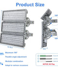 300W LED Stadium Flood Light With Adjustable Angle IP67 Waterproof Outdoor Floodlights Delivering 33000LM At 6500K, side view showing size and wiring