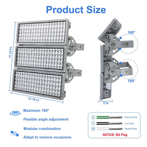 300W LED Stadium Flood Light With Adjustable Angle IP67 Waterproof Outdoor Floodlights Delivering 33000LM At 6500K, side view showing size and wiring