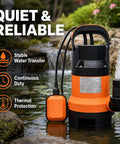 Heavy Duty Workhorse Submersible Sump Pump Featuring Reliable Automatic Float Switch For Rapid No Sweat Water Drainage With 0.5Hp 110V High Capacity Motor in water garden.