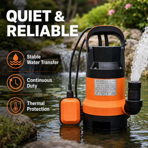 Heavy Duty Workhorse Submersible Sump Pump Featuring Reliable Automatic Float Switch For Rapid No Sweat Water Drainage With 0.5Hp 110V High Capacity Motor in water garden.