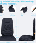 Ten Vibrating Motors Massage Seat Cushion With Heat shown with elastic straps and controller bag, dimensions highlighted.