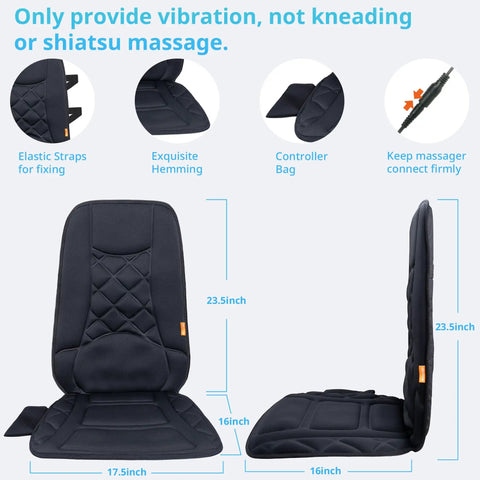 Ten Vibrating Motors Massage Seat Cushion With Heat shown with elastic straps and controller bag, dimensions highlighted.