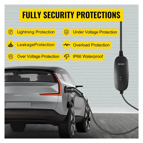 Level Up Your Daily Drive With This Heavy Duty Portable EV Charger Type 2 Plug connected to a car, showcasing security features.