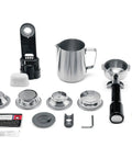 Accessories for Dual Boiler Espresso Machine in Brushed Stainless Steel Featuring 58mm Commercial Portafilter.