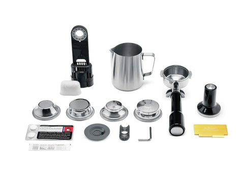 Accessories for Dual Boiler Espresso Machine in Brushed Stainless Steel Featuring 58mm Commercial Portafilter.
