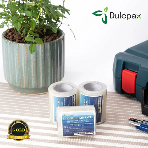 Clear Tent Repair Tape 30 Ft Roll 2.9 In Wide For Tents Awnings Boats RVs And Tarps, three rolls on table with tool